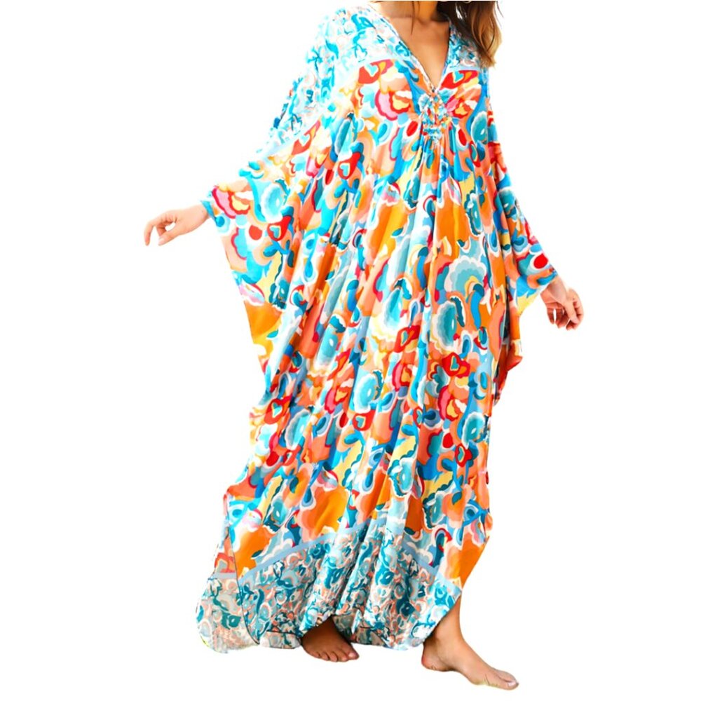 Plus Size V-Neck Batwing Sleeve Floral Kaftan Dress Beach Cover Up Loungewear